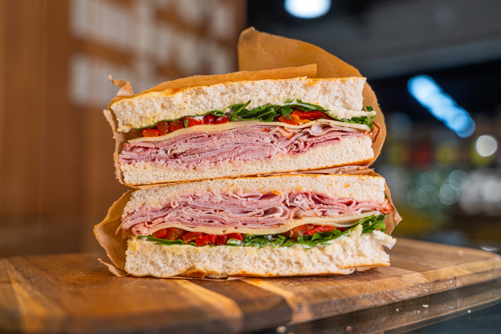 The Gypsy focaccia sandwich stacked and wrapped.