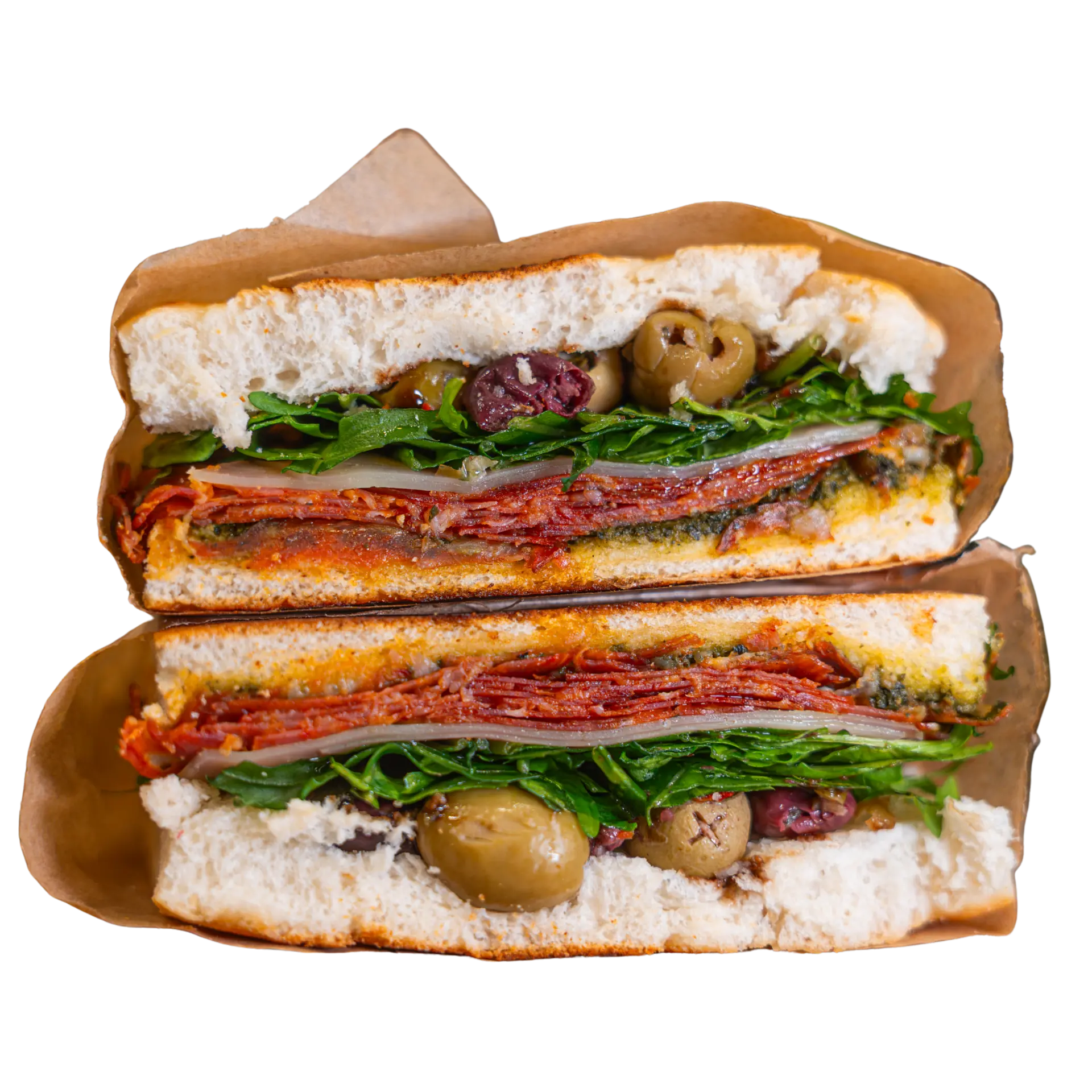 Sopressa Delight focaccia sandwich cut in half